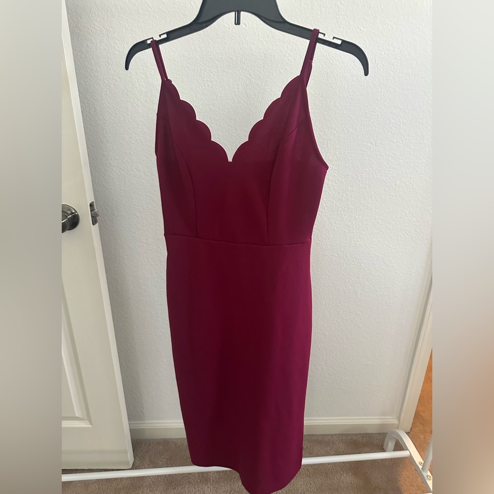 Socialite Burgundy Midi Dress with Scalloped Neckline